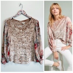 Anthropologie MEADOW RUE Crushed Velvet Champagne Floral Sleeve Blouse Top XS
